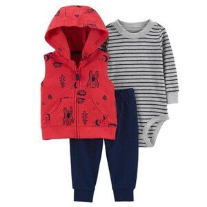 NWT. CARTER'S Baby Boys Red Hooded Vest 3-Pc Set